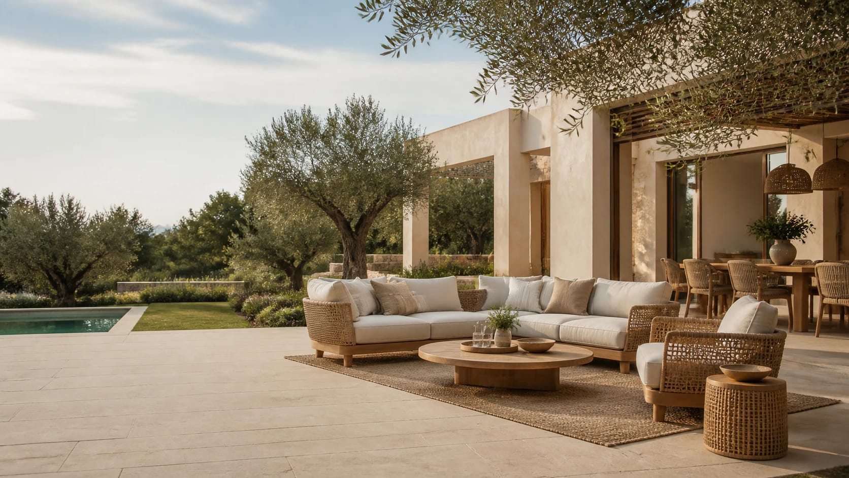 Ferah bir villa bahçesinde rattan oturma grubu ve dış mekân yemek takımı